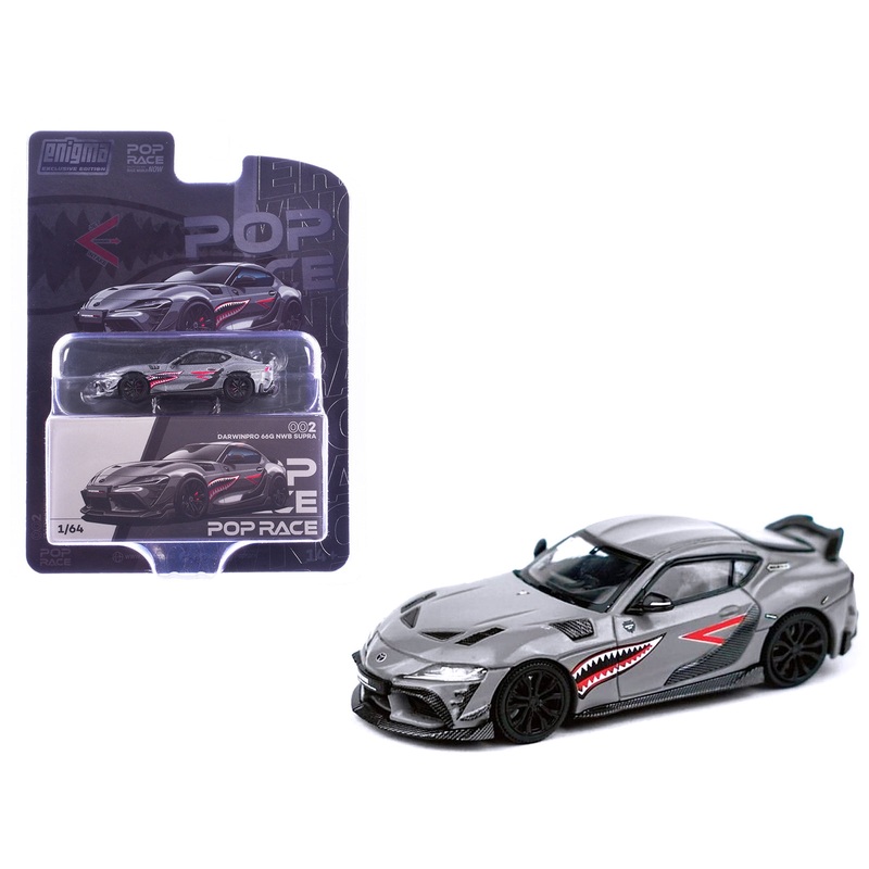 Toyota Supra “DarwinPro 66G NWB” Gray Metallic with Shark Mouth Graphics 1/64 Diecast Model Car by Pop Race
