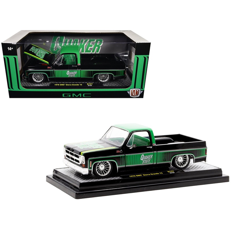 1976 GMC Sierra Grande 15 Pickup Truck “Quaker State” Black with Green Top Graphics and Interior Limited Edition to 6650 pieces Worldwide 1/24 Diecast Model Car by M2 Machines