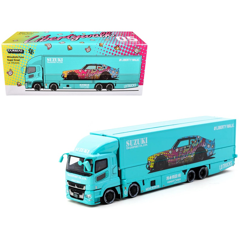 Mitsubishi Fuso Truck with Transporter “Liberty Walk – Suzuki Transport” Light Blue with Graphics “Truck64” Series 1/64 Diecast Model Car by Tarmac Works