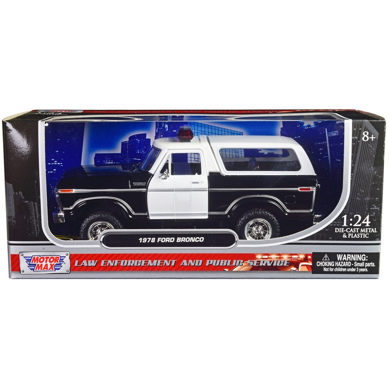 1978 Ford Bronco Police Car Unmarked Black and White “Law Enforcement and Public Service” Series 1/24 Diecast Model Car by Motormax