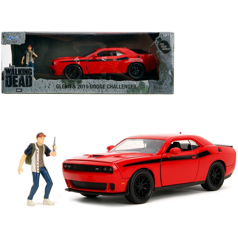 2015 Dodge Challenger Red with Black Stripes and Glenn Diecast Figure “The Walking Dead” (2010-2022) TV Series “Hollywood Rides” Series 1/24 Diecast Model Car by Jada