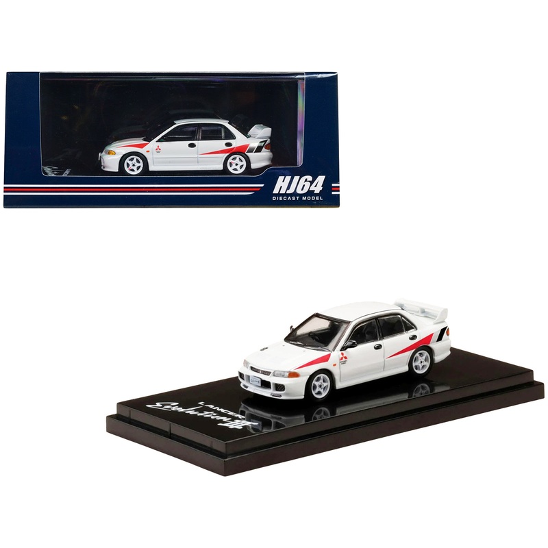Mitsubishi Lancer RS Evolution III RHD (Right Hand Drive) Scortia White with Red Rally Stripes 1/64 Diecast Model Car by Hobby Japan