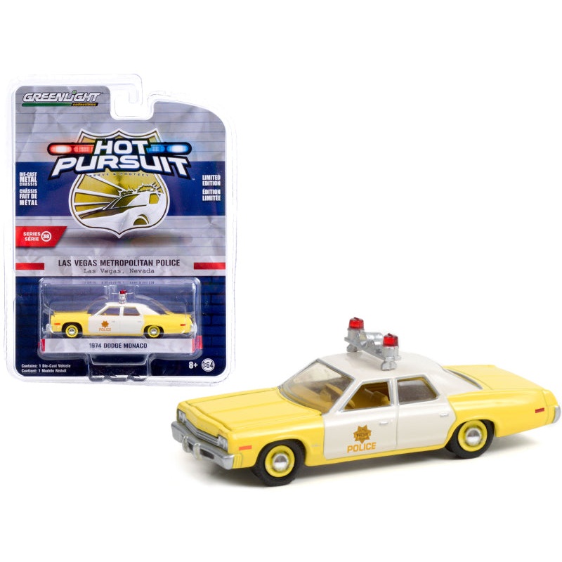 1974 Dodge Monaco Yellow and White “Las Vegas Metropolitan Police Department” (Nevada) “Hot Pursuit” Series 38 1/64 Diecast Model Car by Greenlight