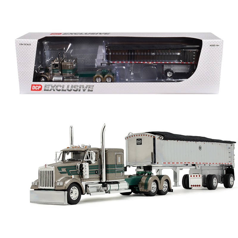 Kenworth W900L with 60″ Flat Top Sleeper and MAC Coal End Dump Trailer “D&D Hauling & Excavating” Tan Metallic with Green Stripes 1/64 Diecast Model by DCP/First Gear