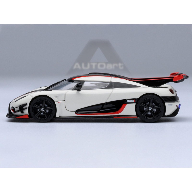 Koenigsegg One:1 Pebble White with Carbon and Red Stripes 1/64 Diecast Model Car by Autoart