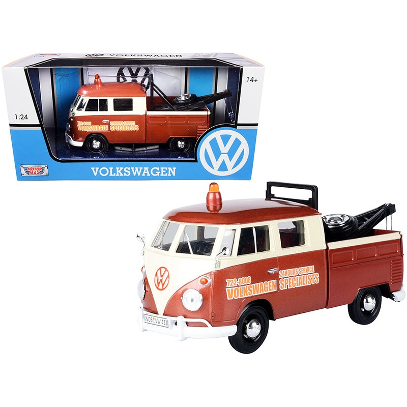 Volkswagen Type 2 (T1) Tow Truck “Volkswagen Specialists” Brown Metallic and Cream 1/24 Diecast Model Car by Motormax