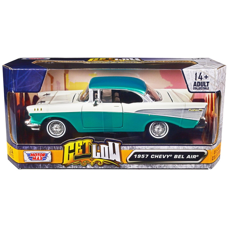 1957 Chevrolet Bel Air Lowrider Turquoise Metallic and White “Get Low” Series 1/24 Diecast Model Car by Motormax