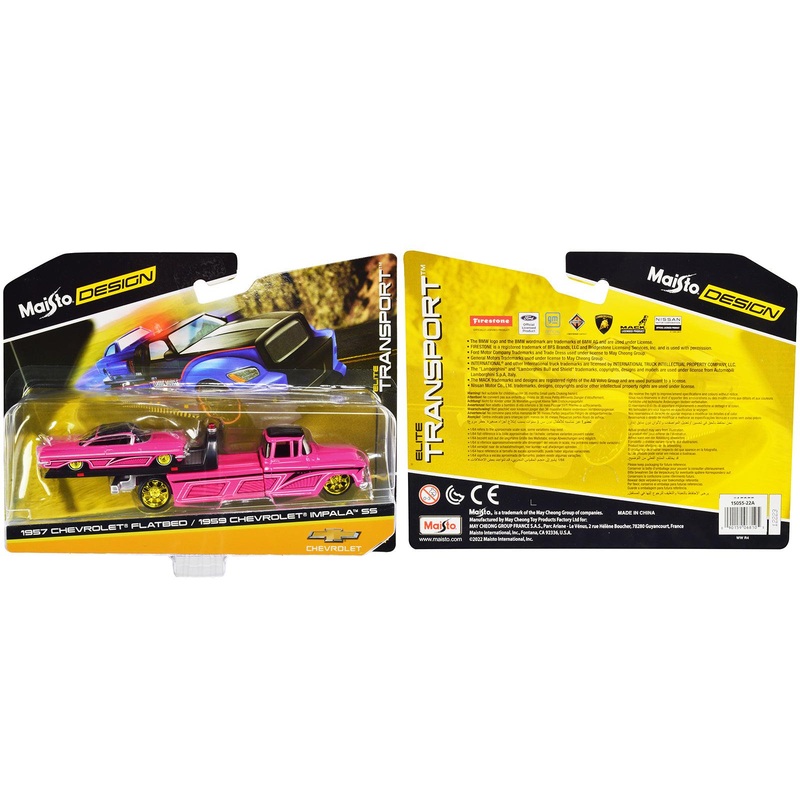 1957 Chevrolet Flatbed Truck and 1959 Chevrolet Impala SS Hot Pink with Black Top and Graphics “Elite Transport” Series 1/64 Diecast Models by Maisto