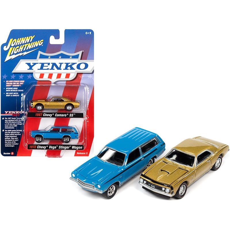 1967 Chevrolet Camaro SS Gold Metallic and 1972 Chevrolet Vega Stinger Wagon Blue “YENKO” Set of 2 Cars 1/64 Diecast Model Cars by Johnny Lightning
