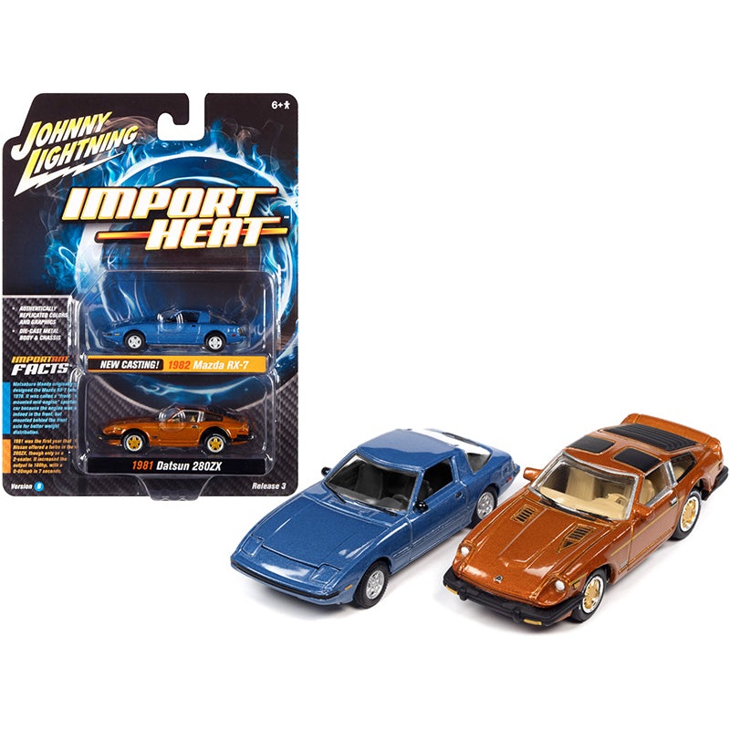1982 Mazda RX-7 Blue Metallic and 1981 Datsun 280ZX Orange Mist Metallic “Import Heat” Set of 2 Cars 1/64 Diecast Model Cars by Johnny Lightning