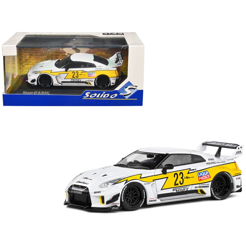 2019 Nissan GTR35 “LBWK Silhouette” RHD (Right Hand Drive) #23 White with Yellow Graphics 1/43 Diecast Model Car by Solido