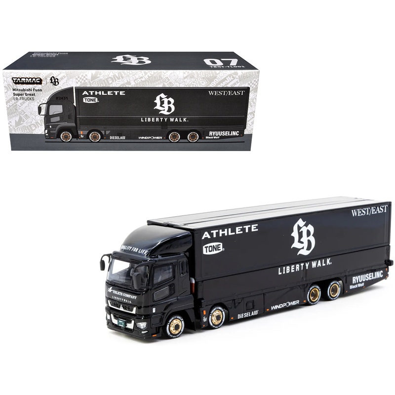 Mitsubishi Fuso Super Great Truck RHD (Right Hand Drive) with Transporter “Liberty Walk” Black “Truck64” Series 1/64 Diecast Model Car by Tarmac Works