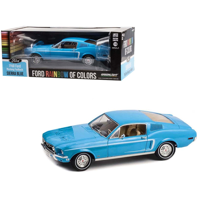 1968 Ford Mustang Fastback Sierra Blue “Ford Rainbow Of Colors – West Coast USA Special Edition Mustang” 1/18 Diecast Car Model by Greenlight