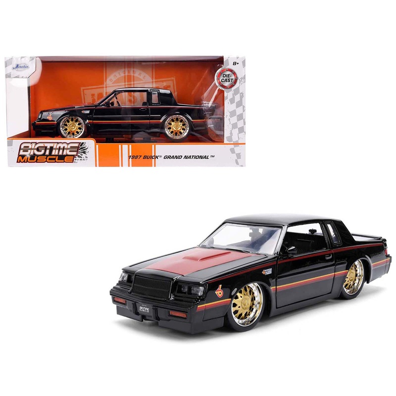 1987 Buick Grand National Black with Matt Red Hood and Stripes “Bigtime Muscle” Series 1/24 Diecast Model Car by Jada