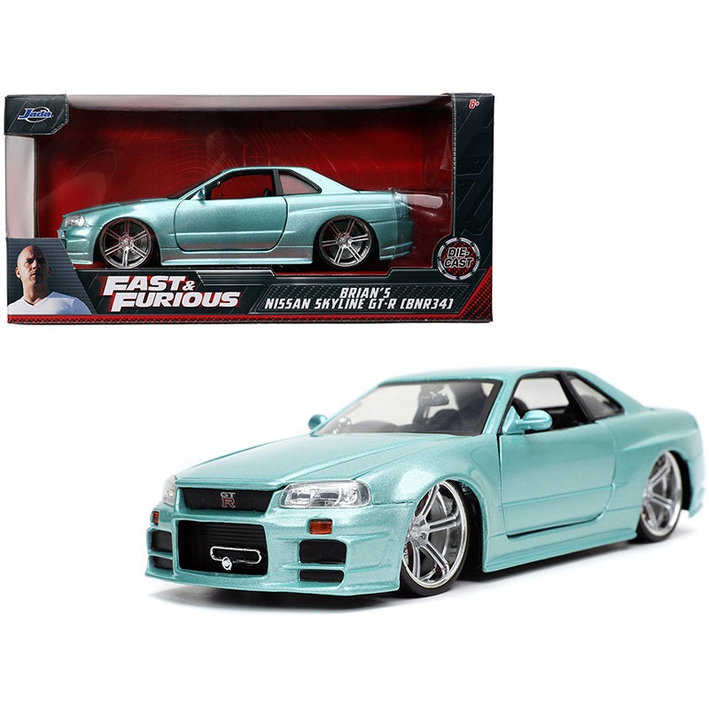 Brian’s Nissan Skyline GT-R (BNR34) RHD (Right Hand Drive) Turquoise Metallic “Fast & Furious” Movie 1/24 Diecast Model Car by Jada