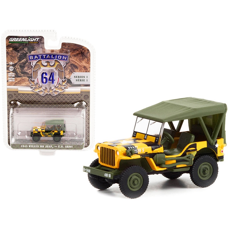 1943 Willys MB Jeep Yellow and Black with Green Top “Follow Me” U.S. Army “Battalion 64” Release 1 1/64 Diecast Model Car by Greenlight