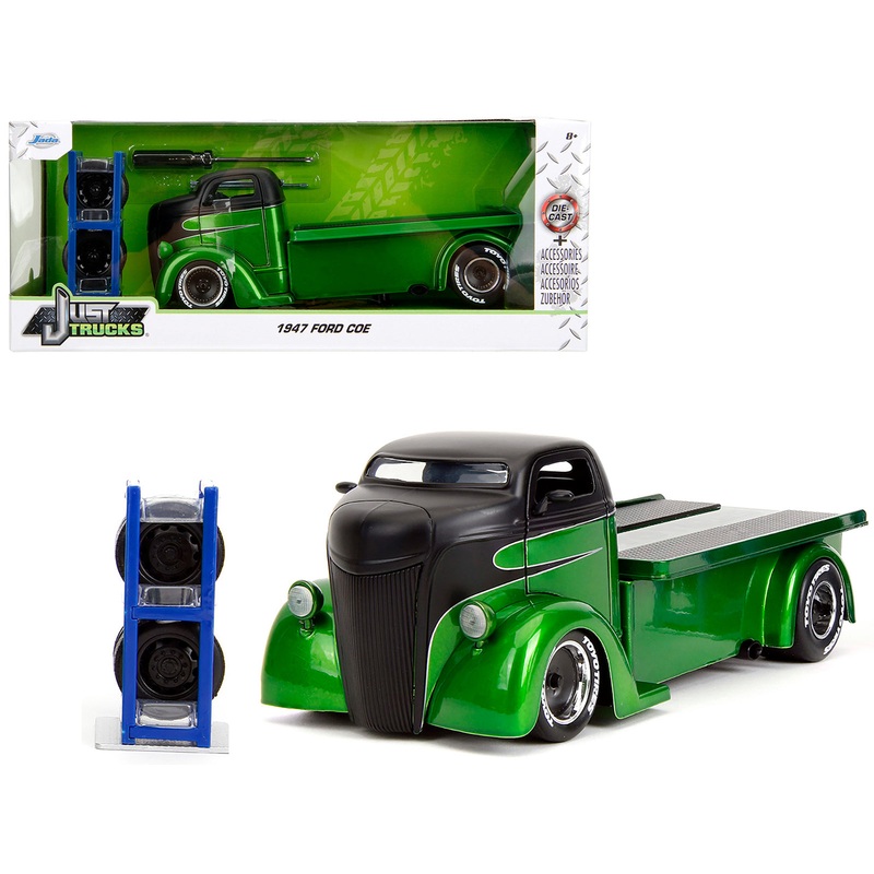 1947 Ford COE Flatbed Truck Green Metallic and Matt Black “Toyo Tires” with Extra Wheels “Just Trucks” Series 1/24 Diecast Model Car by Jada