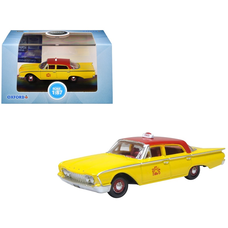 1960 Ford Fairlane Sedan “NYC Taxi” Yellow with Red Top and Interior 1/87 (HO) Scale Diecast Model Car by Oxford Diecast