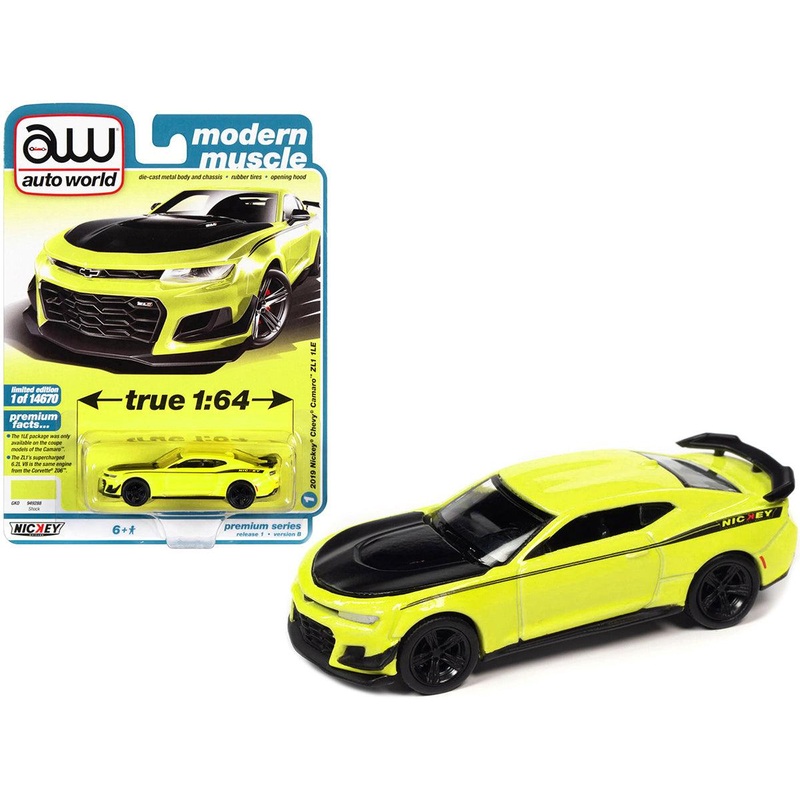 2019 Chevrolet Camaro Nickey ZL1 1LE Shock Yellow with Matt Black Hood and Stripes “Modern Muscle” Limited Edition to 14670 pieces Worldwide 1/64 Diecast Model Car by Auto World