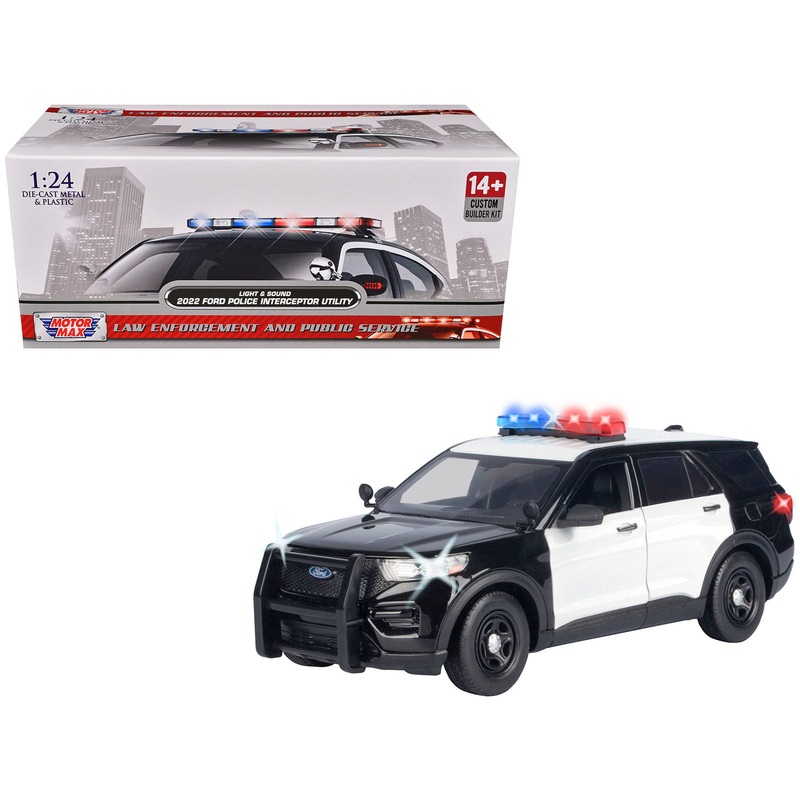 2022 Ford Police Interceptor Utility Black and White “Builder’s Kit” with Flashing Light Bar and Front and Rear Lights and Sounds 1/24 Diecast Model Car by Motormax