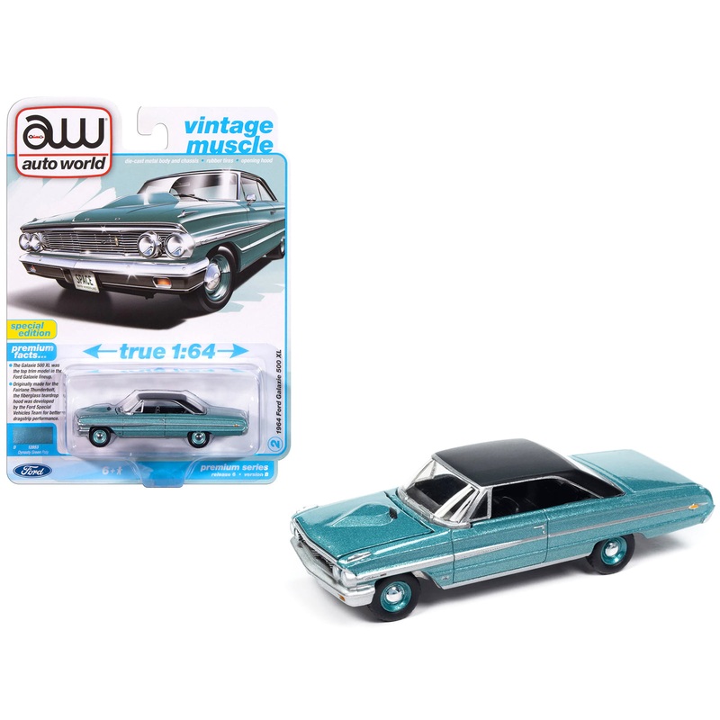 1964 Ford Galaxie 500 XL Dynasty Green Metallic with Black Top “Vintage Muscle” Series 1/64 Diecast Model Car by Auto World