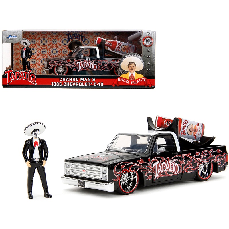 1985 Chevrolet C-10 Pickup Truck Black with White Top and Graphics with Charro Man Diecast Figure “Tapatio” 1/24 Diecast Model Car by Jada