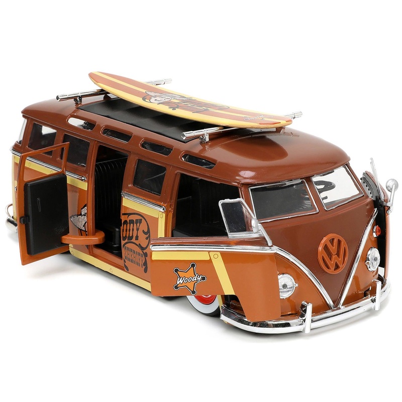 Volkswagen T1 Bus Brown with Graphics “Sheriff Woody” and Woody Diecast Figure and Surfboard “Toy Story” (1995) Movie “Hollywood Rides” Series 1/24 Diecast Model Car by Jada
