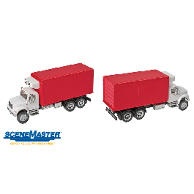 Walthers #949-11391 International 4900 Truck – Assembled — Dual-Axle Refrigerated Van (white cab, red body)