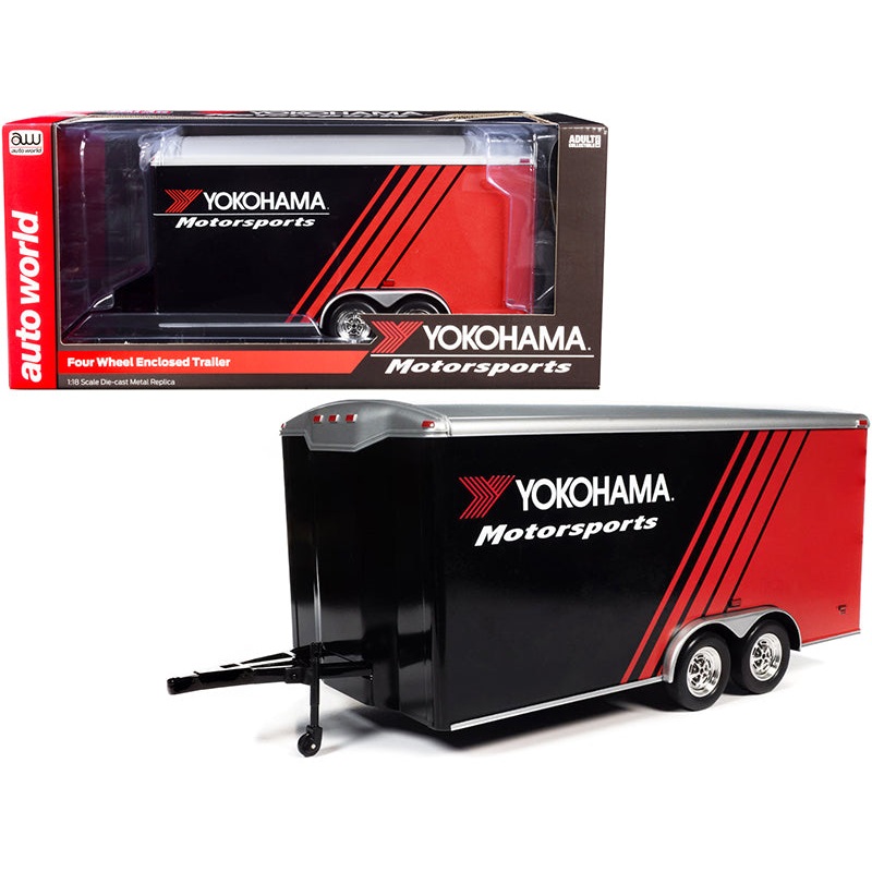 Four Wheel Enclosed Car Trailer “Yokohama Motorsports” Black and Red for 1/18 Scale Model Cars by Auto World