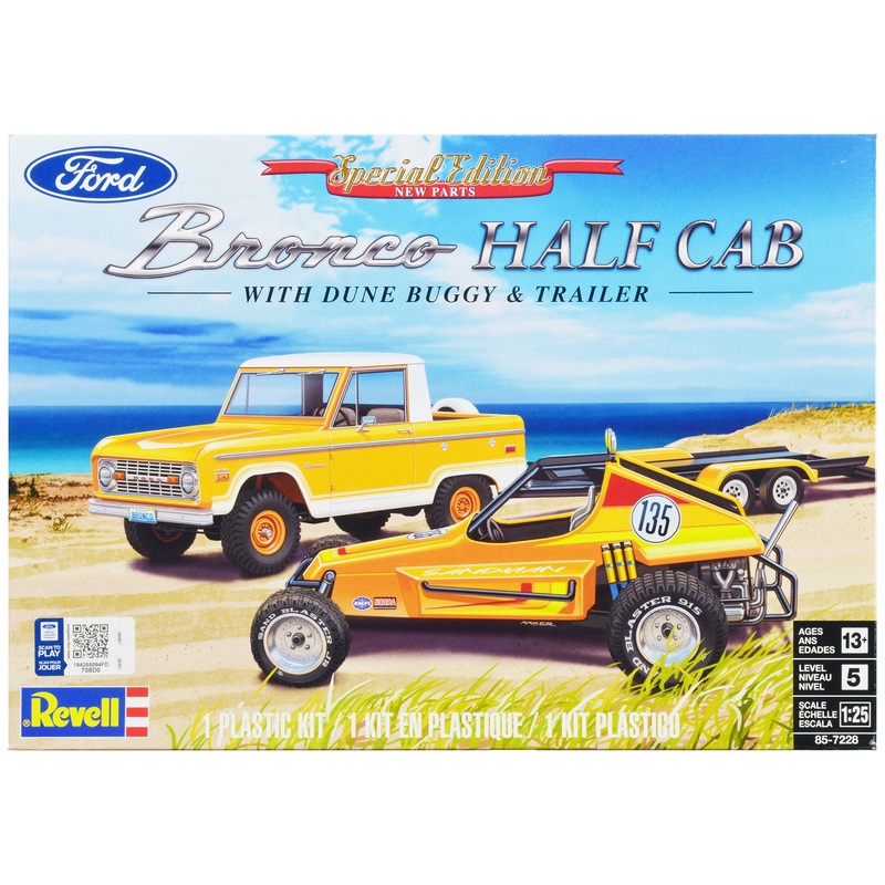 Level 5 Model Kit Ford Bronco Half Cab with Dune Buggy and Flatbed Trailer 1/25 Scale Model by Revell