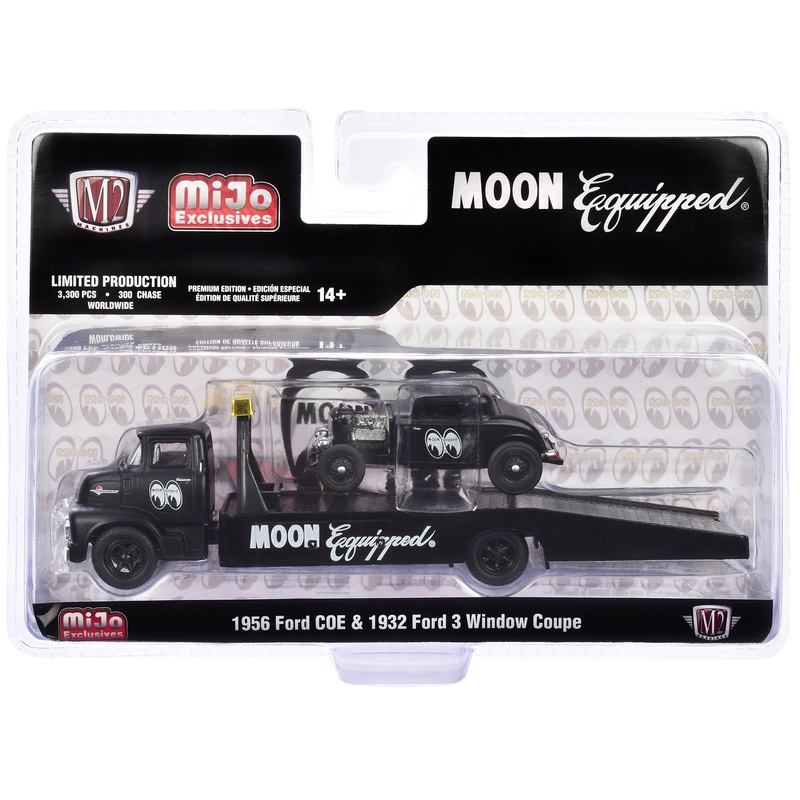 1956 Ford COE Ramp Truck Matt Black and 1932 Ford 3 Window Coupe Matt Black “Mooneyes” Limited Edition to 3300 pieces Worldwide 1/64 Diecast Model by M2 Machines