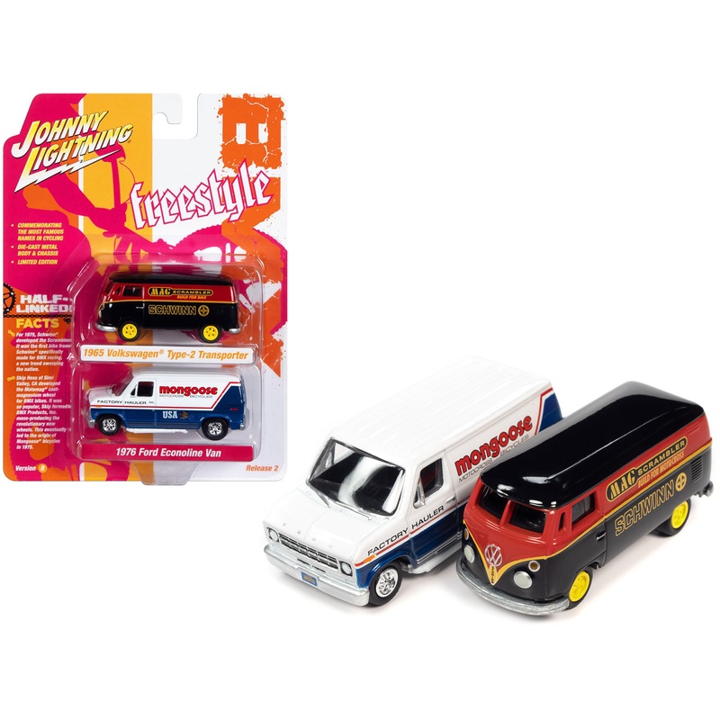 1965 Volkswagen Type 2 Transporter Van Black and Red “Schwinn” and 1976 Ford Econoline Van White and Blue “Mongoose USA Factory Team” “BMX Freestyle” Set of 2 Cars “2-Packs” 2023 Release 2 1/64 Diecast Model Cars by Johnny Lightning