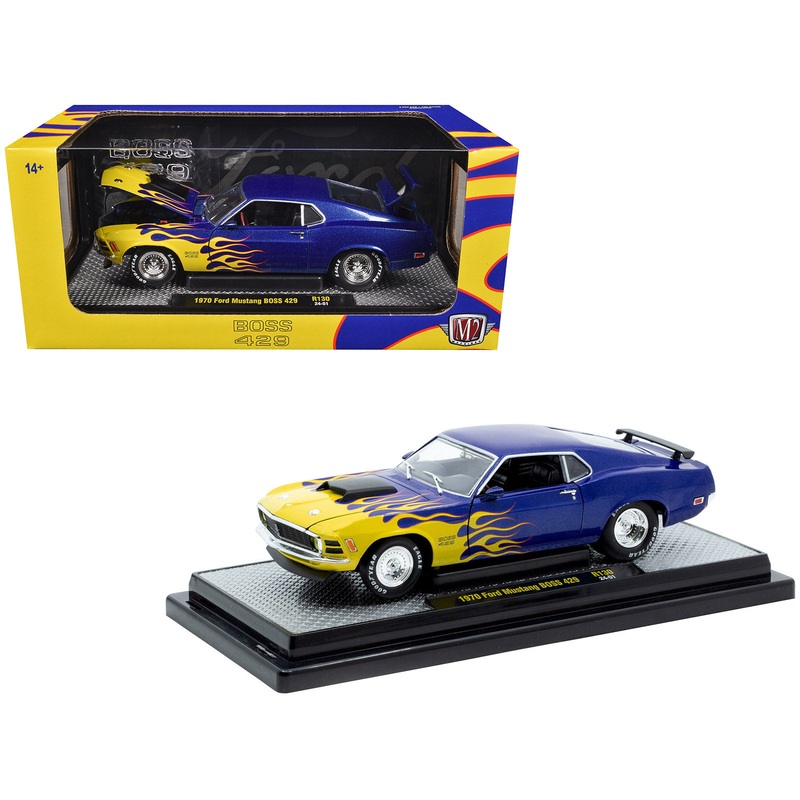 1970 Ford Mustang BOSS 429 Blue Metallic with Flame Graphics Limited Edition to 6650 pieces Worldwide 1/24 Diecast Model Car by M2 Machines