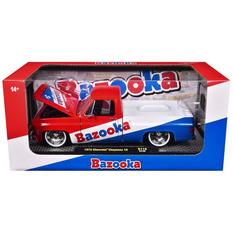 1973 Chevrolet Cheyenne 10 Pickup Truck Red and Blue with White Stripe “Bazooka Bubble Gum” Limited Edition to 6250 pieces Worldwide 1/24 Diecast Model Car by M2 Machines