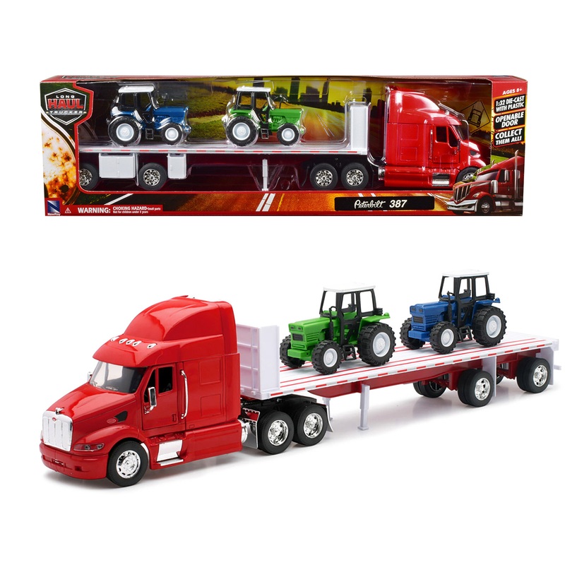 Peterbilt 387 Flatbed Truck Red with 2 Farm Tractors Blue and Green “Long Haul Trucker” Series 1/32 Diecast Model by New Ray