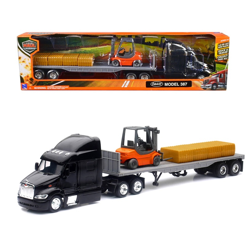 Peterbilt 387 Truck with Flatbed Trailer Black with Forklift and Hay Bales “Long Haul Trucker” Series 1/43 Diecast Model by New Ray