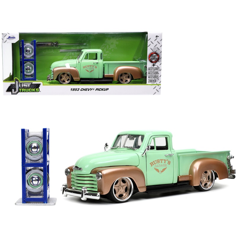 1953 Chevrolet 3100 Pickup Truck Light Green and Gold Metallic “Rusty’s Garage” with Extra Wheels “Just Trucks” Series 1/24 Diecast Model Car by Jada