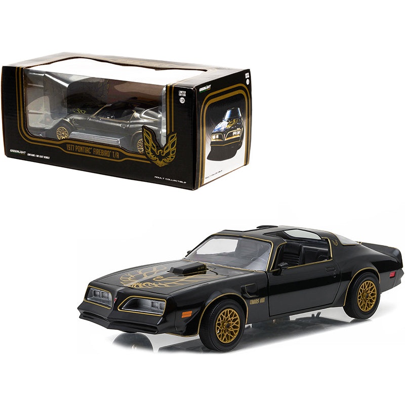 1977 Pontiac Firebird Trans Am T/A Starlite Black with Golden Eagle Hood and Stripes 1/24 Diecast Model Car by Greenlight