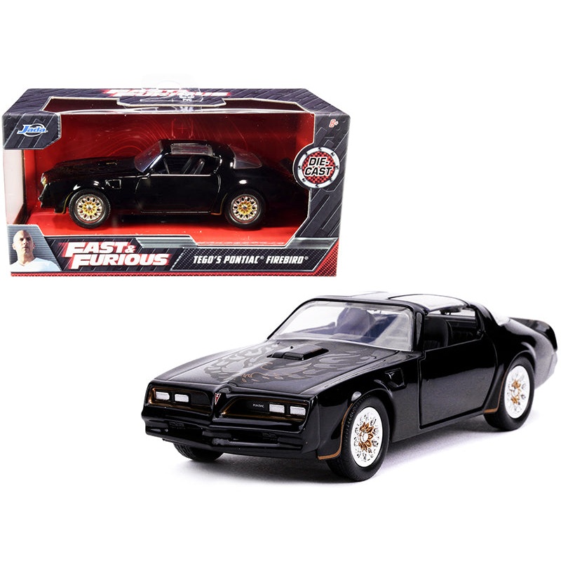 Tego’s Pontiac Firebird Black with Gold Stripes and Hood Bird “Fast & Furious” Series 1/32 Diecast Model Car by Jada