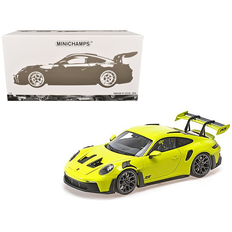 2024 Porsche 911 GT3 RS Acid Green with Carbon Top and Hood Stripes Limited Edition to 400 pieces Worldwide 1/18 Diecast Model Car by Minichamps