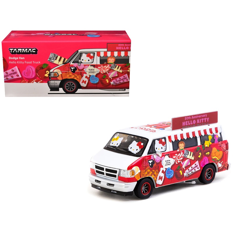 Dodge Van “Hello Kitty Food Truck” White and Red with Graphics “Global64” Series 1/64 Diecast Model by Tarmac Works