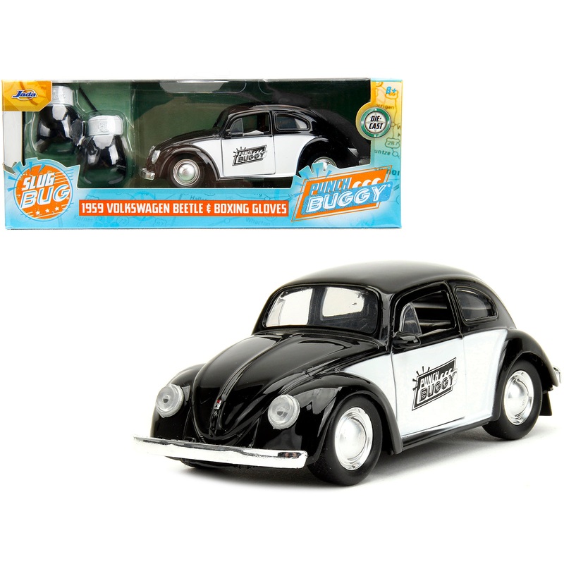 1959 Volkswagen Beetle “Punch Buggy” Black and White and Boxing Gloves Accessory “Punch Buggy” Series 1/32 Diecast Model Car by Jada