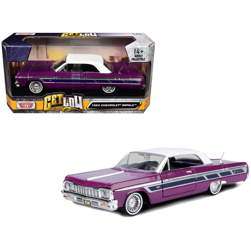 1964 Chevrolet Impala Lowrider Hard Top Purple Metallic with White Top “Get Low” Series 1/24 Diecast Model Car by Motormax
