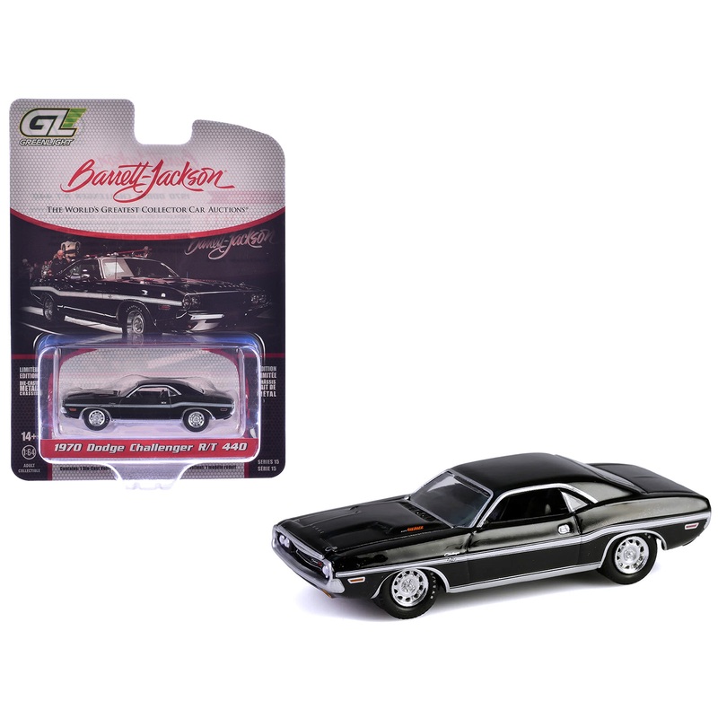 1970 Dodge Challenger R/T 440 Black with White Stripes “Barrett-Jackson” Series 15 1/64 Diecast Model Car by Greenlight
