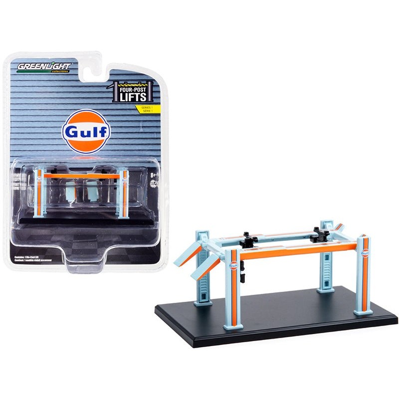 Adjustable Four-Post Lift “Gulf Oil” Light Blue and Orange “Four-Post Lifts” Series 1 1/64 Diecast Model by Greenlight