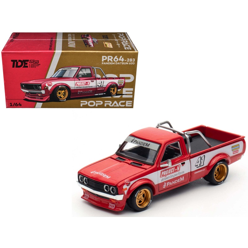 Datsun Pandem 620 Pickup Truck #41 Red Metallic with White Stripes and Graphics “2025 Thailand Diecast Expo” 1/64 Diecast Model Car by Pop Race
