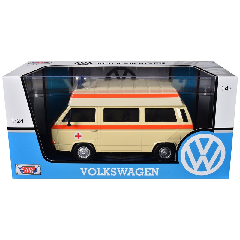 Volkswagen Type 2 (T3) High Roof Ambulance Cream with Orange Stripes 1/24 Diecast Model Car by Motormax