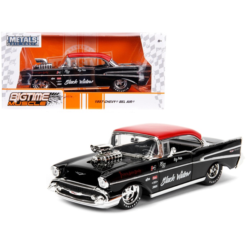1957 Chevrolet Bel Air Black with Red Top “Pete’s Auto Body: Black Widow” “Bigtime Muscle” Series 1/24 Diecast Model Car by Jada