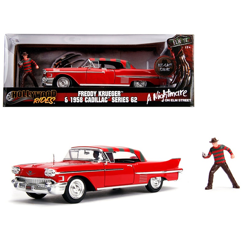 1958 Cadillac Series 62 Red with Freddy Krueger Diecast Figurine “A Nightmare on Elm Street” Movie 1/24 Diecast Model Car by Jada