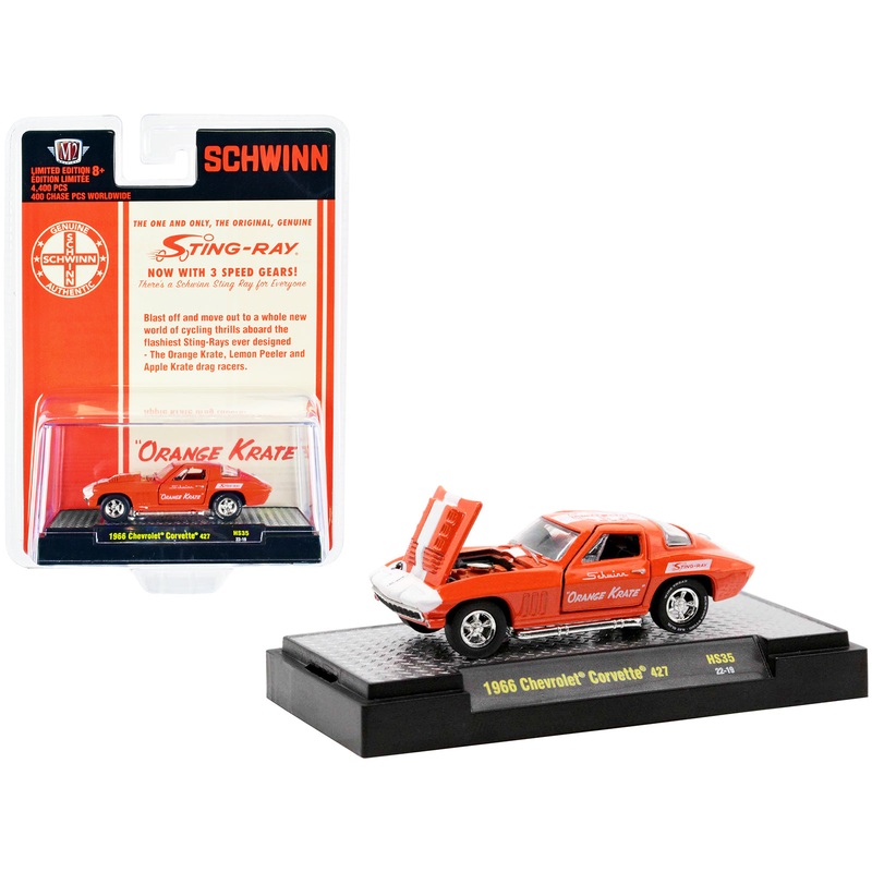 1966 Chevrolet Corvette 427 #68 Orange with White Stripes and Graphics “Schwinn Orange Krate” Limited Edition to 4400 pieces Worldwide 1/64 Diecast Model Car by M2 Machines